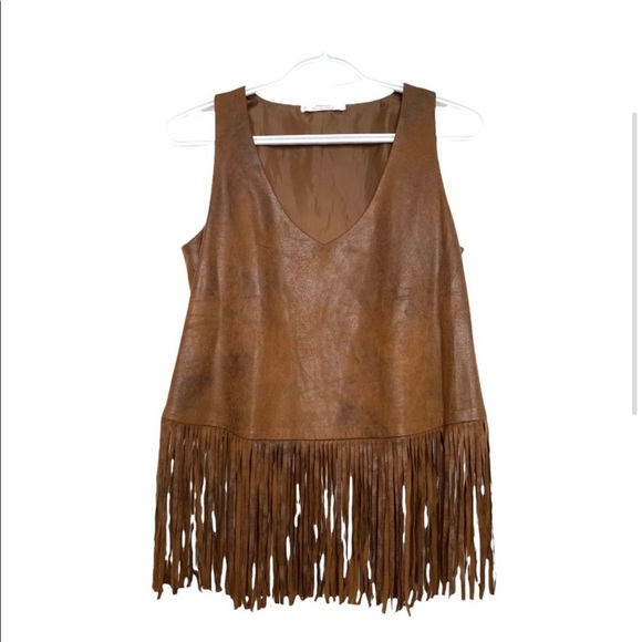 Mango Sueded Fringe Tank Top Sleveless V-Neck Vegan Brown Distressed Hippie Boho - Picture 2 of 9